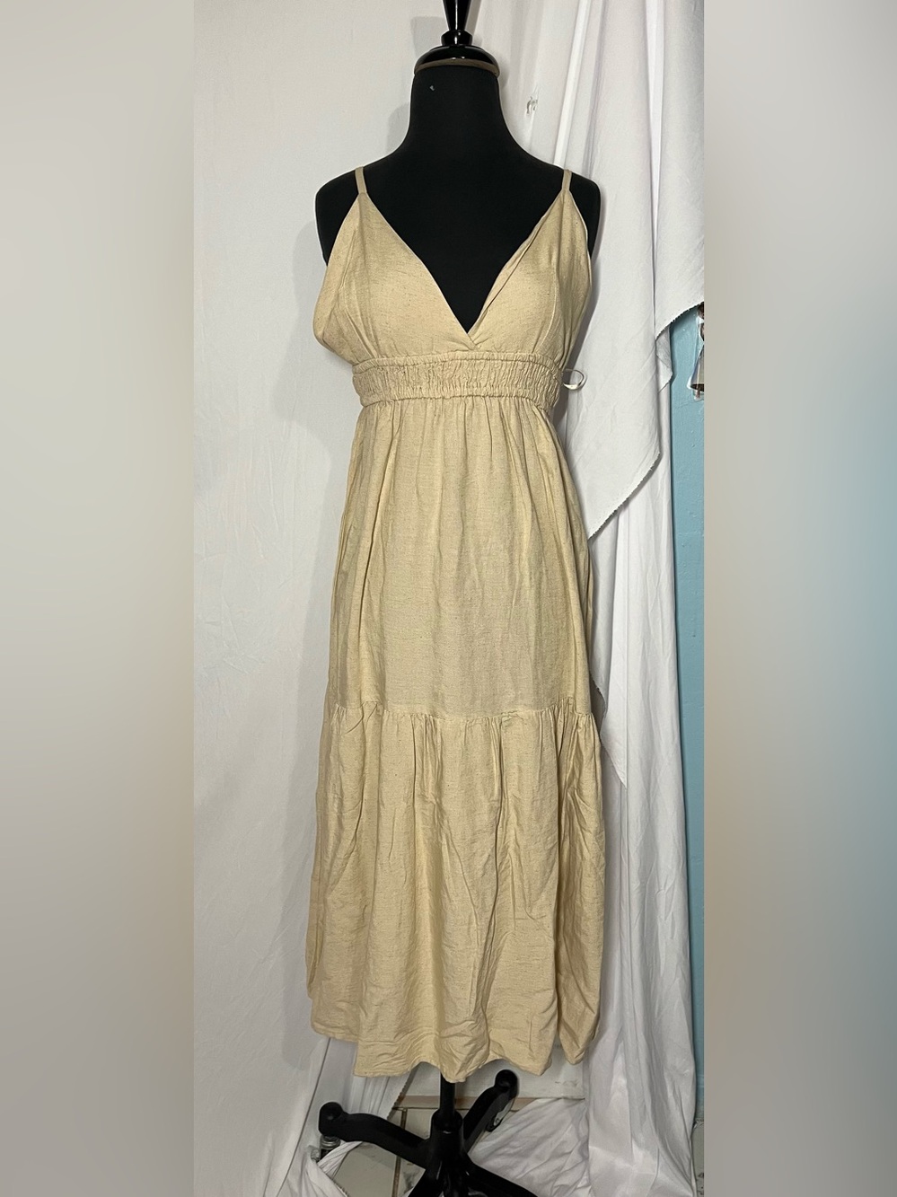 Spaghetti-Strap Cream Maxi Dress with Smocked Waist